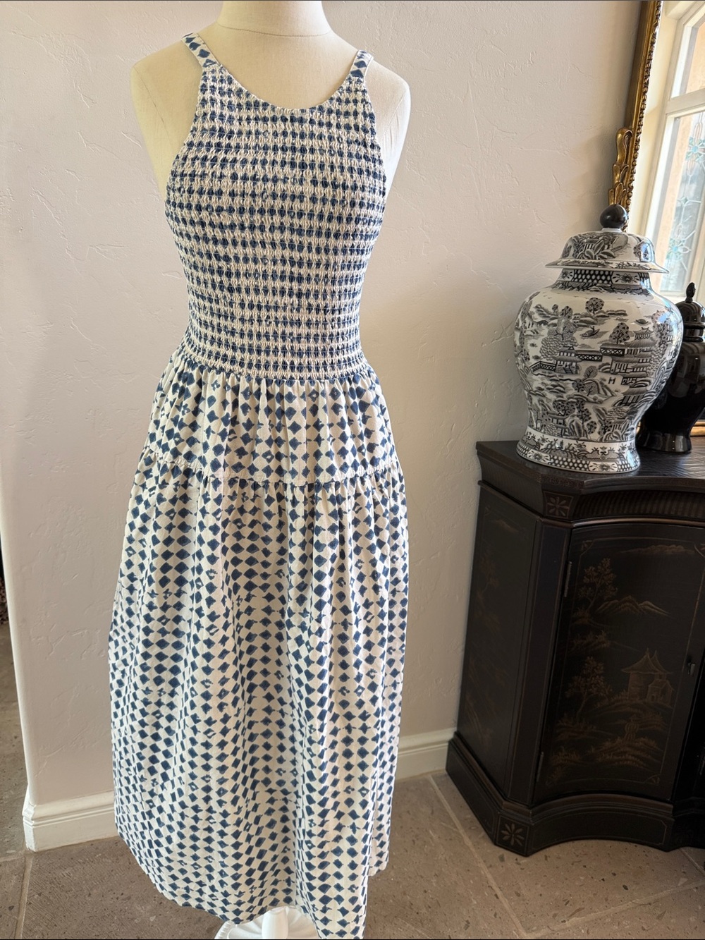 Madewell Blue and White Smocked Midi Dress